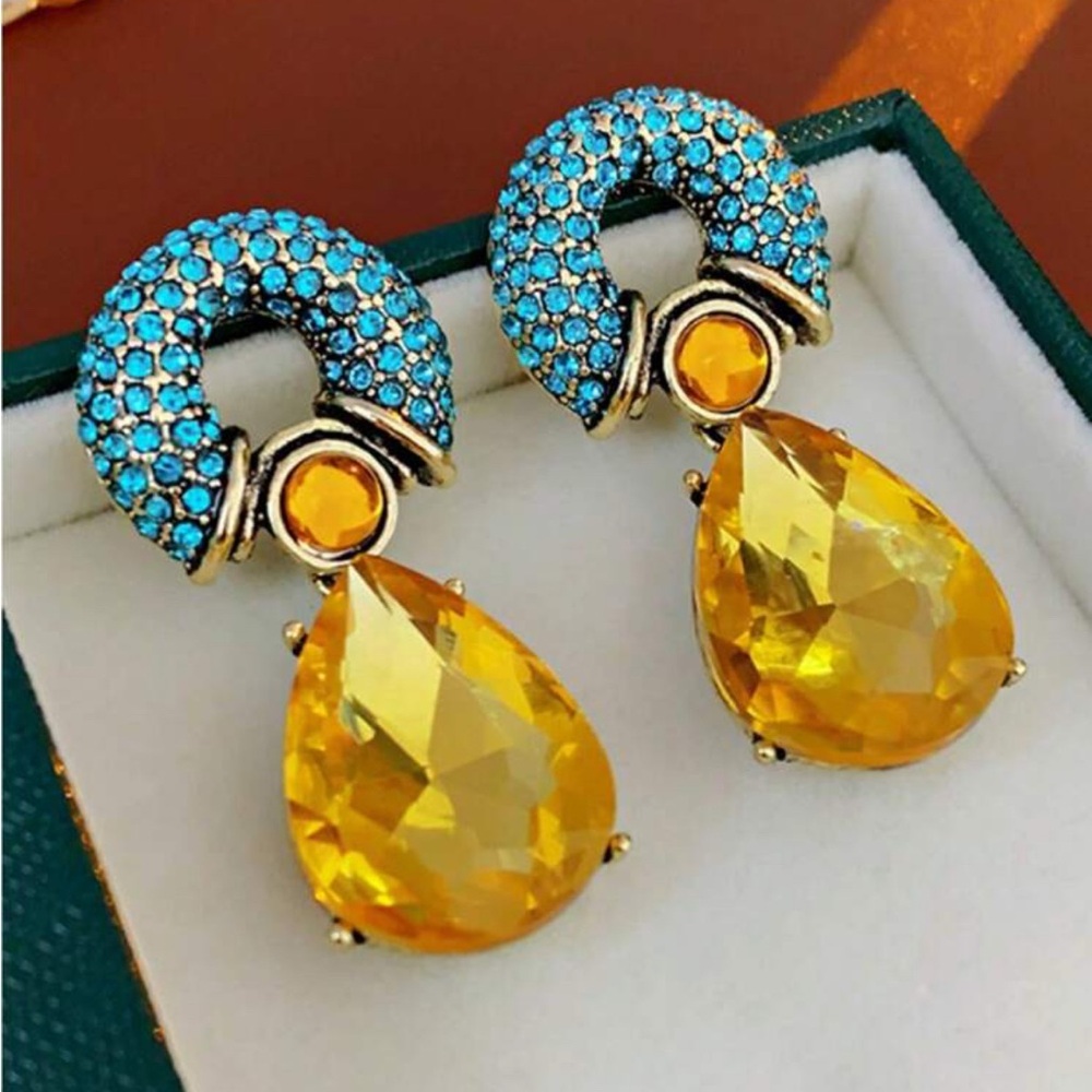 Retro Costume Circle Water Drop Earrings Yellow-Orange Gemstone